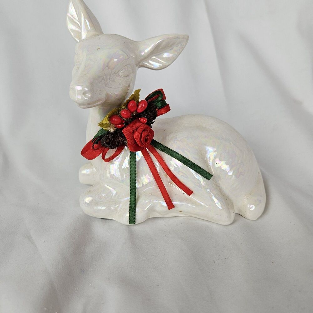 White Deer Doe Porcelain Figurine Pine Cones Ribbons Flowers 5" x 5.5" Christmas